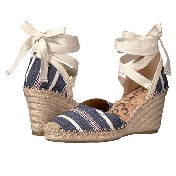 Sam Edelman 10.5 Denim Blue Red Stripe Espadrille Wedge Sandals Shoes Heels 10. - Picture 1 of 5